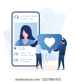 Mídias sociais. Grande smartphone com um avatar mulher na tela, seguidores masculinos e femininos dá como. Conceito de comunicação de rede social. Ilustração de vetor de estilo moderno