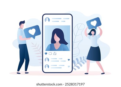 Redes sociales. Un smartphone grande con un avatar de mujer, seguidores masculinos y femeninos da me gusta. Concepto de comunicación en red social. Ilustración vectorial de estilo de moda