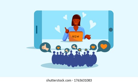 Social media black female influencer marketing, type of promotion and advertisement. An African -American woman showing a product with audiences or customers who love and like, vector illustration