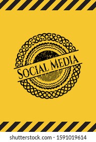Social Media black grunge emblem, yellow warning sign. Vector Illustration. Detailed.