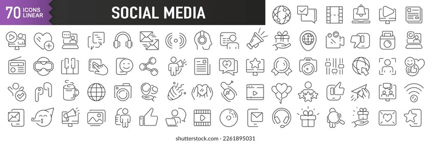 Social media black linear icons. Collection of 70 icons in black. Big set of linear icons