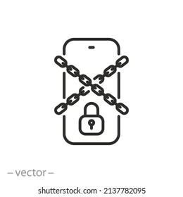Social Media Blocking Icon, Digital Censorship, Phone With Lock, Disconnect Or Limit Internet, Ban Chain, Thin Line Symbol On White Background - Editable Stroke Vector Illustration