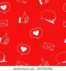 social media blog seamless pattern. hand drawn doodle style. vector, minimalism. wallpaper, textile, wrapping paper, background. like, heart, thumbs up, envelope, speech cloud, communication