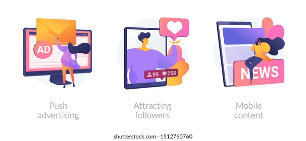 Social media blogger earnings icons set. Ad revenue, network page promotion ways. Push advertising, attracting followers, mobile content metaphors. Vector isolated concept metaphor illustrations.