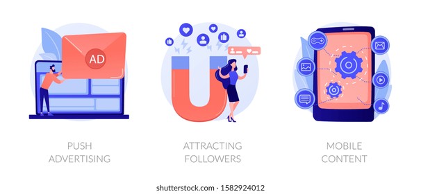 Social media blogger earnings icons set. Ad revenue, network page promotion ways. Push advertising, attracting followers, mobile content metaphors. Vector isolated concept metaphor illustrations.