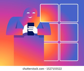 Social media blogger or follower concept - human silhouette holdind phone and ui pictures gallery account on bright colorful background