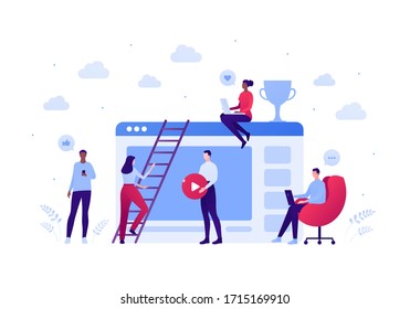 Social media blogger and online education cource concept. Vector flat person illustration. Team of people making video. Trophy success, laptop and smartphone sign. Design for banner, web, infographic