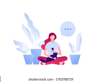Social media blogger and telework business concept. Vector flat person illustration. Female with cat sitting and talking by smartphone. Design element for banner, ui, poster, ad, infographic
