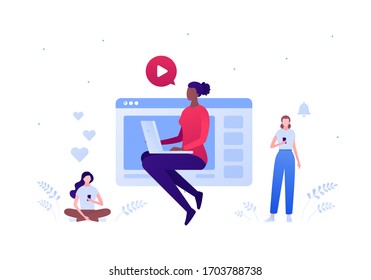Social media blogger and telework concept. Vector flat person illustration. Group of multiethnics female with laptop and smart phone. Video icon. Design element for banner, ui, poster, ad, infographic