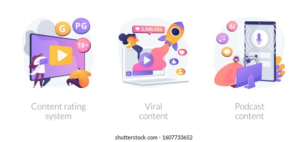 Social media blogging. Movie streaming, online network likes and followers attracting. Content rating system, viral content, podcast content metaphors. Vector isolated concept metaphor illustrations.