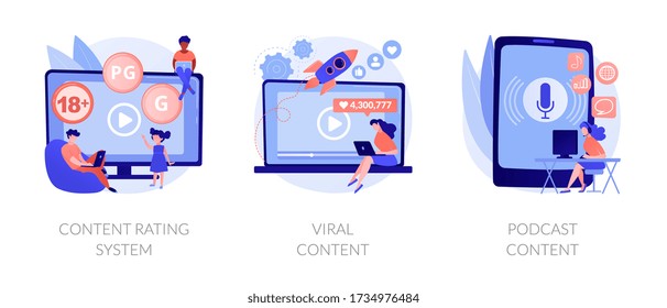 Social media blogging. Movie streaming, online network likes and followers attracting. Content rating system, viral content, podcast content metaphors. Vector isolated concept metaphor illustrations.