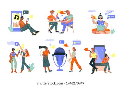 Social media blogging and online streaming set of people characters and network symbols. Viral content,  podcast content makers and influencers. Vector isolated illustrations bundle.