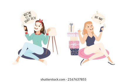 Social media blogging. People bloggers creating content. Female bloggers giving gifts to followers and applying face cosmetic mask vector illustration