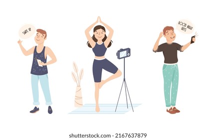 Social media blogging. People creating content for blog and streaming online vector illustration