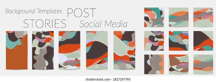 Antecedentes de refuerzo de medios sociales. Patrón de arte con formas onduladas y líneas en color natural de tierra para el post de la moda de la venta estacional. Tecnologías publicitarias de Instagram.