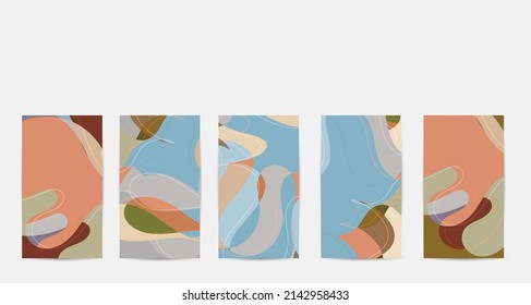 Social media booster background set. Art terrazzo pattern with wavy shapes and lines in earthy natural color for holiday seasonal sale story post. Instagram advertising marketing technologies.