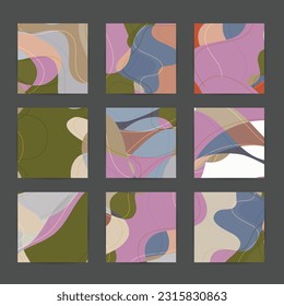 Antecedentes de refuerzo de medios sociales. Patrón Art terrazzo con formas onduladas y líneas en color natural tierra para la venta estacional de moda post.Tecnologías de marketing publicitario.