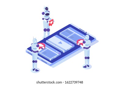 Social media bots,  Fake accounts concept.  Automation method to gain followers. Vector illustration.