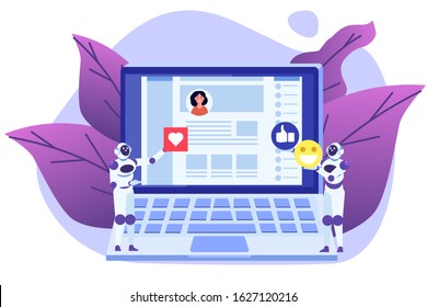 Social media bots,  Fake accounts concept.  Automation method to gain followers. Vector illustration.