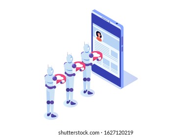 Social media bots,  Fake accounts concept.  Automation method to gain followers. Vector illustration.