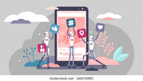 Social media bots vector illustration. Fake accounts in tiny persons concept. Artificial intelligence automation method to gain followers, popularize opinion, propaganda and impact social thought.