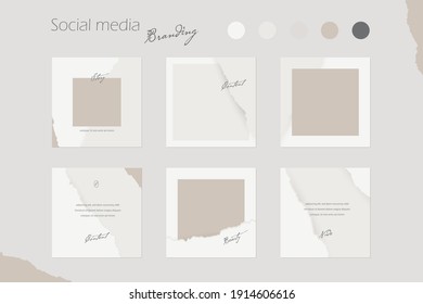 Social Media Branding Template,  Instagram Background Mockup In Nude Colors With Abstract Torn Rip Paper Texture. For Beauty, Cosmetics, Fashion, Jewelry, Makeup Content Creators. Vector Illustration