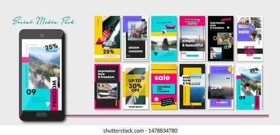 Social media bright banner. Vector cover. Layout for promotion. Design backgrounds web pack. Mockup for personal blog or luxury shop. Set of stories and violet post frame templates. Style 90, landing