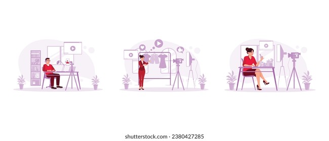 Social media broadcasting. Sell ​​by streaming live in front of the camera. Latest trending makeup tutorials. Blogger concept. set trend modern vector flat illustration