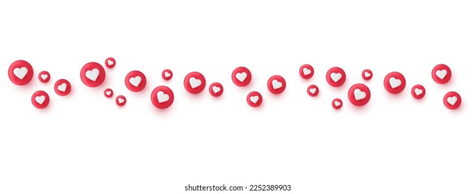 Social media bubble with heart. Like 3d render icon set. Love element. Comment button. Share tag. Notice people. Chat text. Speech communicate. Notification label. Emoji reaction. Vector illustration.