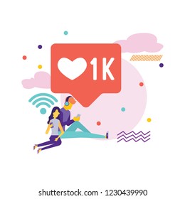 Social media bubble with heart symbol flat vector illustration of young people using mobile gadgets such as laptop, tablet pc and smartphone for networking and collecting likes and comments.
