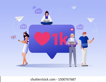 Social media bubble with red heart symbol flat vector illustration of young people using mobile gadgets, laptop, tablet pc and smartphone for networking and collecting likes and comments.