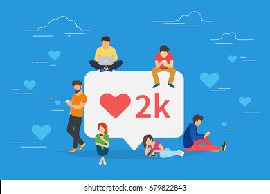 Social media bubble with red heart symbol flat vector illustration of young people using mobile gadgets such as laptop, tablet pc and smartphone for networking and collecting likes and comments.