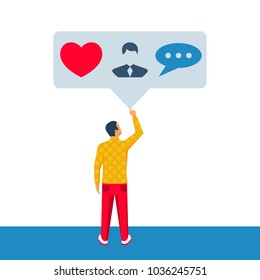 Social media bubble. Young man in a social network. Friends likes and comments. Vector illustration flat design. Isolated on white background. Microblogging concept. Lifestyle modern.