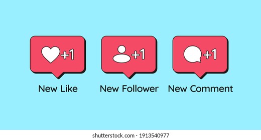 Social media bubbles with icon Like, Follower, Comment. Notification counter of new likes, followers and comments. Set of notice for social media communication and interaction. Vector illustration