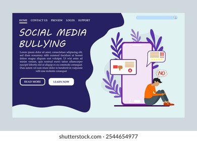 Concepto de intimidación en las redes sociales . Web bullying y ciberbullying en aplicaciones en línea. Ataques a la psique del usuario con trastornos depresivos y problemas morales. Anuncio plano de la página de aterrizaje del Vector