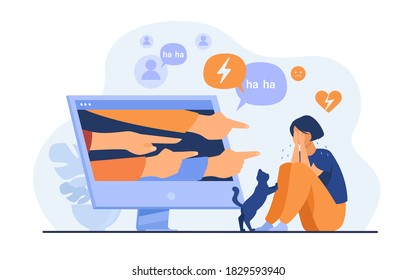 Social media bullying. Haters pointing fingers frim monitor at victim, laughing at crying girl. Flat vector illustration for hate, violence, stress, online abuse concept