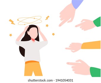 Social media bullying. Haters pointing fingers frim monitor at victim, laughing at crying girl. Flat vector illustration for hate, violence, stress, online abuse concept