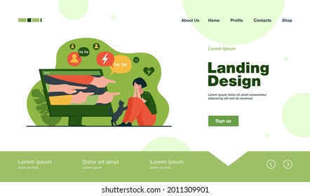 Social media bullying. Haters pointing fingers frim monitor at victim, laughing at crying girl. Flat vector illustration for hate, violence, stress, online abuse concept