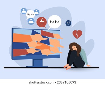 Social media bullying. Haters pointing fingers frim monitor at victim, laughing at crying girl. Flat vector illustration for hate, violence, stress, online abuse concept.