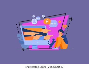 Social media bullying. Haters pointing fingers frim monitor at victim, laughing at crying girl. Flat vector illustration for hate, violence, stress, online abuse concept