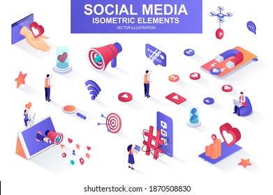 Social media bundle of isometric elements. Customer targeting, loudspeaker, smm service, mobile marketing, referral program isolated icons. Isometric vector illustration kit with people characters.