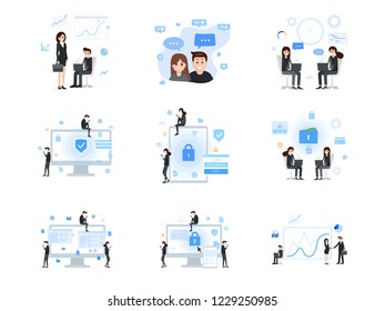 Social media and business communication big set. People using gadgets in different needs areas of life with reliable security of password login internet app. Data Privacy protection concept