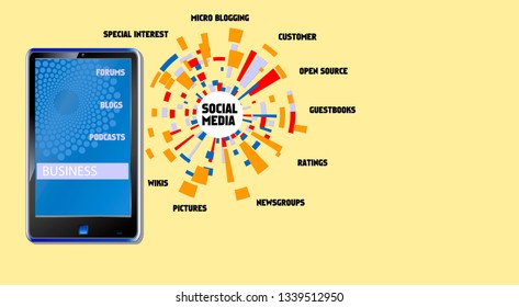 Social media business concept w. smartphone and commuication diagram,vector illustration. Fictional vector artwork.