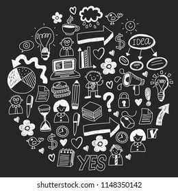 Social media and business icons. Patterns on black backgroud. Chalk illustration on blackboard. Management, teamwork.