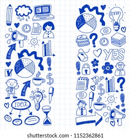 Social media and business icons. Patterns on notepad paper. Management, teamwork. Ink vector illustration.
