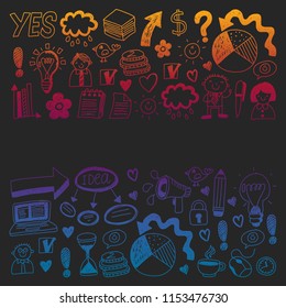 Social media and business icons. Patterns on black backgroud. Chalk illustration on blackboard. Management, teamwork.