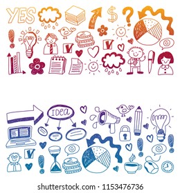 Social media and business icons. Patterns on black backgroud. Chalk illustration on blackboard. Management, teamwork.