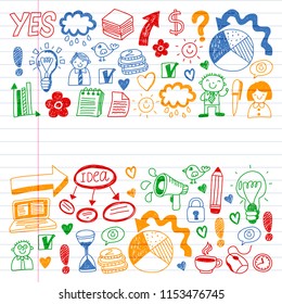 Social media and business icons. Patterns on black backgroud. Chalk illustration on blackboard. Management, teamwork.