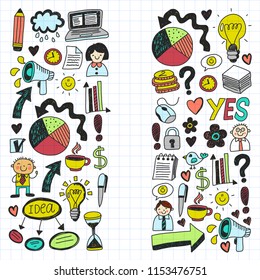 Social media and business icons. Patterns on black backgroud. Chalk illustration on blackboard. Management, teamwork.
