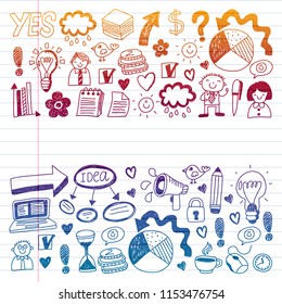 Social media and business icons. Patterns on black backgroud. Chalk illustration on blackboard. Management, teamwork.